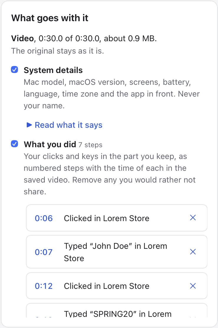 Bugback's review window listing what the person did, step by step with the time of each: Clicked in Lorem Store, Typed a name, Typed a promo code.